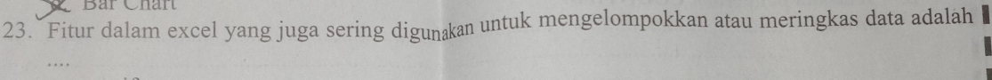 Bar Chart 
23. Fitur dalam excel yang juga sering digunakan untuk mengelompokkan atau meringkas data adalah 
.