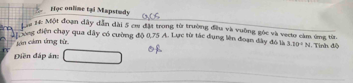 Học online tại Mapstudy 
bu 14: Một đoạn dây dẫn dài 5 cm đặt trong từ trường đều và vuông góc và vecto cảm ứng từ. 
đường điện chạy qua dây có cường độ 0,75 A. Lực từ tác dụng lên đoạn dây đó là 3.10^(-2)N. Tính độ 
lớn cảm ứng từ. 
Điền đáp án: