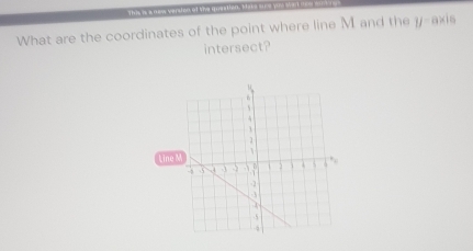 This i a new versiso of the quntian. T e is _ 
What are the coordinates of the point where line M and the y-axis 
intersect?