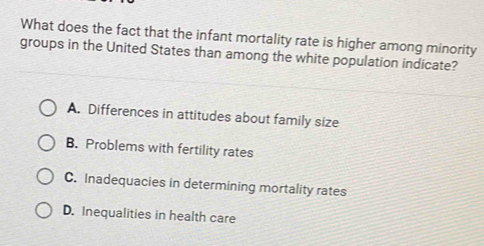 What does the fact that the infant mortality rate is higher among minority
groups in the United States than among the white population indicate?
A. Differences in attitudes about family size
B. Problems with fertility rates
C. Inadequacies in determining mortality rates
D. Inequalities in health care