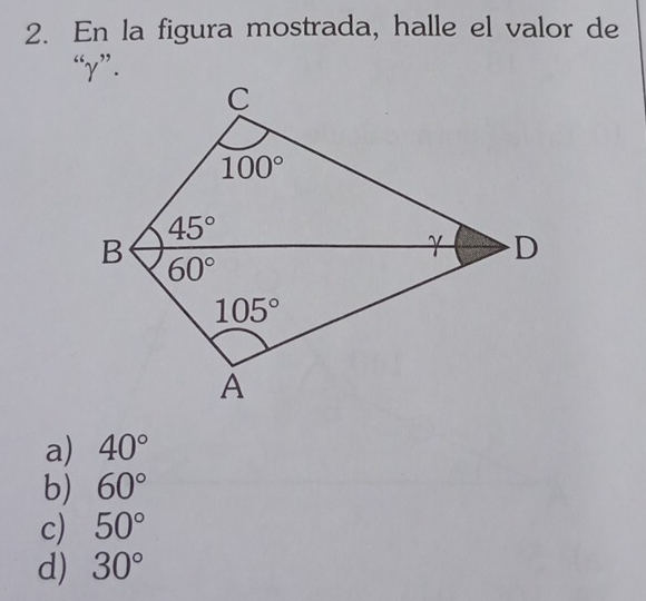 En la figura mostrada, halle el valor de
a) 40°
b) 60°
c) 50°
d) 30°