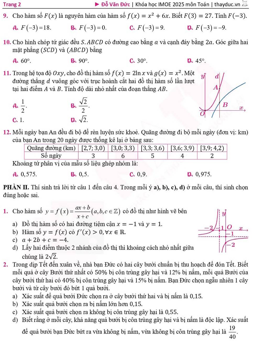 Trang 2 Đỗ Văn Đức | Khóa học IMOE 2025 môn Toán | thayduc.vn
9. Cho hàm số F(x) là nguyên hàm của hàm số f(x)=x^2+6x. Biết F(3)=27. Tính F(-3).
A. F(-3)=18. B. F(-3)=0. C. F(-3)=9. D. F(-3)=-9.
10. Cho hình chóp tứ giác đều S.ABCD có đường cao bằng a và cạnh đáy bằng 2a. Góc giữa hai
mặt phẳng (SCD) và (ABCD) bằng
A. 60°. B. 90°. C. 30°. D. 45°.
11. Trong hệ tọa độ Oxy, cho đồ thị hàm số f(x)=2ln x và g(x)=x^2.Mhat Qt
đường thẳng d vuông góc với trục hoành cắt hai đồ thị hàm số lần lượt
tại hai điểm A và B. Tính độ dài nhỏ nhất của đoạn thẳng AB.
B.
A.  1/2 .  sqrt(2)/2 .
C. 1. D. sqrt(2).
12. Mỗi ngày bạn An đều đi bộ để rèn luyện sức khoẻ. Quãng đường đi bộ mỗi ngày (đơn vị: km)
của bạn An trong 20 ngày được thống kê lại ở bảng sau:
Khoảng tứ phân vị của mẫu số liệu ghép nhóm là:
A. 0, 575. B. 0,5. C. 0,9. D. 0,975.
PHÀN II. Thí sinh trả lời từ câu 1 đến câu 4. Trong mỗi ý a), b), c), d) ở mỗi câu, thí sinh chọn
đúng hoặc sai.
1. Cho hàm số y=f(x)= (ax+b)/x+c (a,b,c∈ Z) có đồ thị như hình vẽ bên
a) Đồ thị hàm số có hai đường tiệm cận x=-1 và y=1.
b) Hàm số y=f(x) có f'(x)>0,forall x∈ R.
c) a+2b+c=-4.
d) Lấy hai điểm thuộc 2 nhánh của đồ thị thì khoảng cách nhỏ nhất giữa
chúng là 2sqrt(2).
2. Trong dịp Tết đến xuân về, nhà bạn Đức có hai cây bưởi chuẩn bị thu hoạch để đón Tết. Biết
mỗi quả ở cây Bưởi thứ nhất có 50% bị côn trùng gây hại và 12% bị nấm, mỗi quả Bưởi của
cây bưởi thứ hai có 40% bị côn trùng gây hại và 15% bị nấm. Bạn Đức chọn ngẫu nhiên 1 cây
bưởi và từ cây bưởi đó bứt 1 quả bưởi.
a) Xác suất để quả bưởi Đức chọn ra ở cây bưởi thứ hai và bị nấm là 0,15.
b) Xác suất quả bưởi chọn ra bị nấm lớn hơn 0,15.
c) Xác suất quả bưởi chọn ra không bị côn trùng gây hại là 0,55.
d) Biết rằng ở mỗi cây, khả năng quả bưởi bị côn trùng gây hại và bị nấm là độc lập. Xác suất
để quả bưởi bạn Đức bứt ra vừa không bị nấm, vừa không bị côn trùng gây hại là  19/40 .