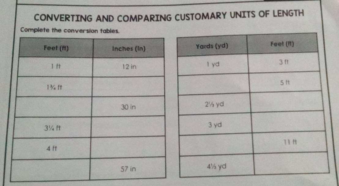 Solved: CONVERTING AND COMPARING CUSTOMARY UNITS OF LENGTH Complete the ...