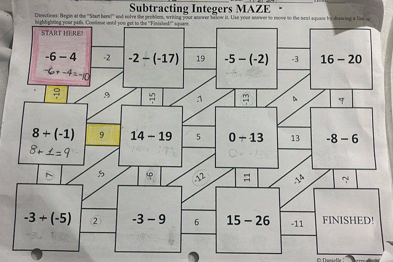 Subtracting Integers MAZE
Directions: Begin at the “Start here!” and solve the problem, writing your answer below it. Use your answer to move to the next square by drawing a line or