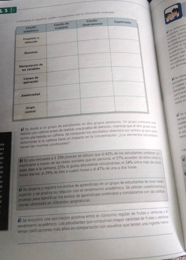 3 >
nformación analizada
) Se selección
tudiantes. Uno
moches, mient
durante el mi
de calificacior
analizar sí la
académico. 
duración del
diantes que
que dormía on calificac
) Se obse
larmente 
o clubes
bienestar
participal
una aso
redes so
c)Se a
tiempo
a) Se divide a un grupo de estudiantes en d niveles
bebida con cafeína antes de realizar una prueba de atención, mientras que el otro grupo con que lir
sume una bebida sin cafeína. Se comparan los resultados obtenidos por ambos grupos para
el us
na determinar si la cafeína tiene un impacto en la concentración. ¿Los elementos estudiados
men
es tienen las mismas condiciones?
. R
n- () En una encuesta a 1 250 jóvenes se obtuvo que el 62% de los estudiantes prefieren co
de
ón municarse a través de las redes sociales que en persona, el 57% acceden de entre cinco a a)
in siete días a la semana, 23% le gusta desvelarse utilizándolas; el 24% entra más de cinco
horas diarias, el 29% de tres a cuatro horas y el 47% de una a dos horas.
r
#) Se observa y registra los estilos de aprendizaje de un grupo de estudiantes de nivel medio
superior y se analiza su relación con el rendimiento académico. Se utilizan cuestionarios y
pruebas para identíficar los estilos de aprendizaje preferidos y compararlos con las calífica
ciones obtenidas en diferentes asignaturas.
#) Se encontró una asociación positiva entre el consumo regular de frutas y verduras y el
rendimiento académico. Los estudiantes que consumían mayor cantidad de frutas y verduras
_
tenían calificaciones más altas en comparación con aquellos que tenían una ingesta menor