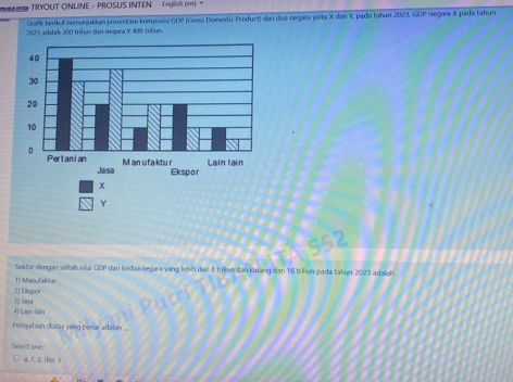 TRYOUT ONLINE - PROSUS INTEN English (m) =
Grafík berikut menonjukkan presentase komposisi (DP (Gross Domestic Product) dari dua negara yaitu X dan Y, pada tahun 2023, GDP negara X pada tahun
2003 adolab 300 trilun don negara V 400 telun.
Sektor dengan selish miai GDP dari kedaa negara yang lebìh dar 8 tria dan kurang dan 16 triliun pada tahun 2023 adalah
2 Ekspor 1) Manufakfut
4) I ain /ain 3) lasa
Persyation clatas yong benar adala ..
Sefect one;
α 1. 2, dan 3