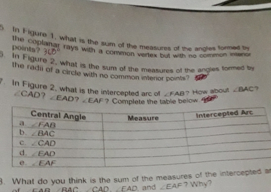 In Figure 1, what is the sum of the measures of the angles formed by
the coplanar rays with a common vertex but with no common inteno 
points?
5. In Figure 2, what is the sum of the measures of the angles formed by
the radii of a circle with no common interior points?
. In Figure 2, what is the intercepted arc of ∠ FAB ? How about ∠ BAC 7
CAD? ∠ EAD ? ∠ EAF ? Complete the table below
3. What do you think is the sum of the measures of the intercepa
=AB∠ BAC∠ CAD.∠ EAD , and ∠ EAF ? Why?