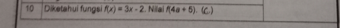 Diketahui fungsi f(x)=3x-2. Nilai f(4a+5). (C.)