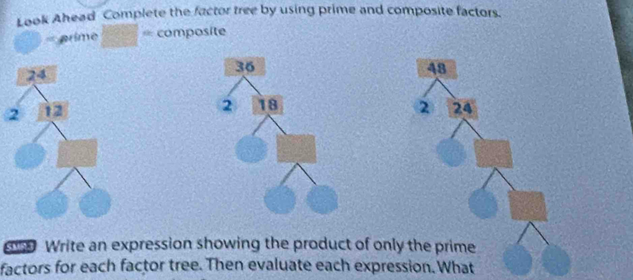 Look Ahead Complete the factor tree by using prime and composite factors 
arime frac (25)° composite
48
2 24
Write an expression showing the product of only the prime 
factors for each factor tree. Then evaluate each expression. What