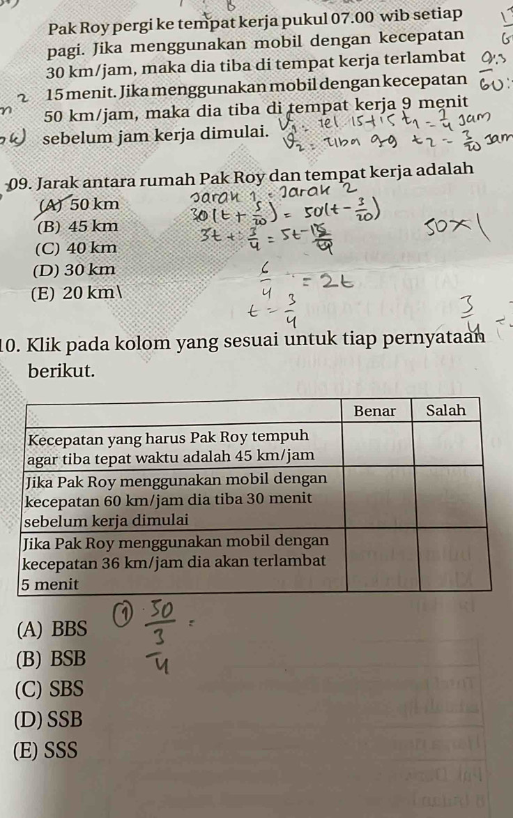 Pak Roy pergi ke tempat kerja pukul 07.00 wib setiap
pagi. Jika menggunakan mobil dengan kecepatan
30 km/jam, maka dia tiba di tempat kerja terlambat
15 menit. Jika menggunakan mobil dengan kecepatan
50 km/jam, maka dia tiba di tempat kerja 9 mẹnit
sebelum jam kerja dimulai.
09. Jarak antara rumah Pak Roy dan tempat kerja adalah
(A) 50 km
(B) 45 km
(C) 40 km
(D) 30 km
(E) 20 km 
10. Klik pada kolom yang sesuai untuk tiap pernyataan
berikut.
(A) BBS
(B) BSB
(C) SBS
(D) SSB
(E) SSS