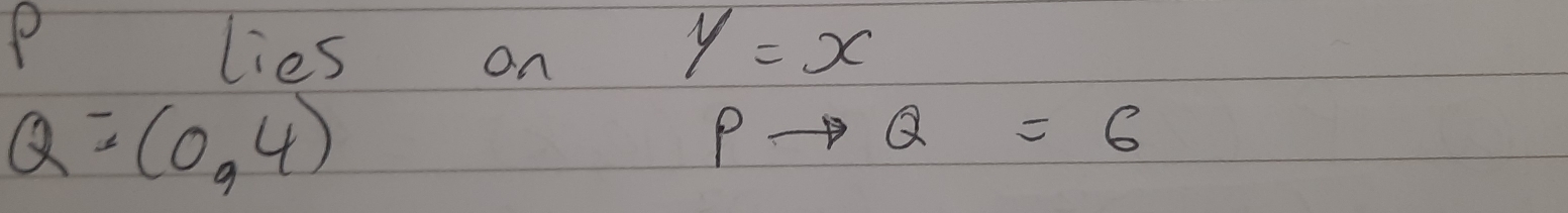 lies on
y=x
Q=(0,4)
P
Q=6