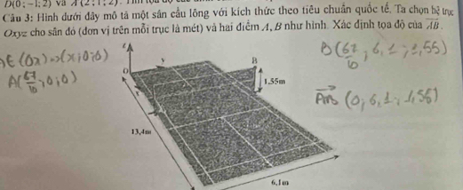 D(0:-1:2) va A(2;1;2)
Câu 3: Hình dưới đây mô tả một sân cầu lông với kích thức theo tiêu chuẩn quốc tế. Ta chọn h_2^(2 trục 
Oxyz cho sân đó (đơn vị trên mỗi trục là mét) và hai điểm A, B như hình. Xác định tọa độ của vector AB). 
6, I m