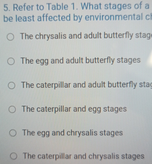 Refer to Table 1. What stages of a
be least affected by environmental cl
The chrysalis and adult butterfly stag
The egg and adult butterfly stages
The caterpillar and adult butterfly sta
The caterpillar and egg stages
The egg and chrysalis stages
The caterpillar and chrysalis stages