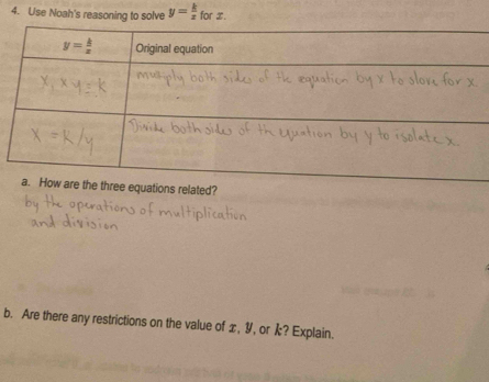 Use Noah's reasoning to solve y= k/x forx.
quations related?
b. Are there any restrictions on the value of æ, Y, or ? Explain.