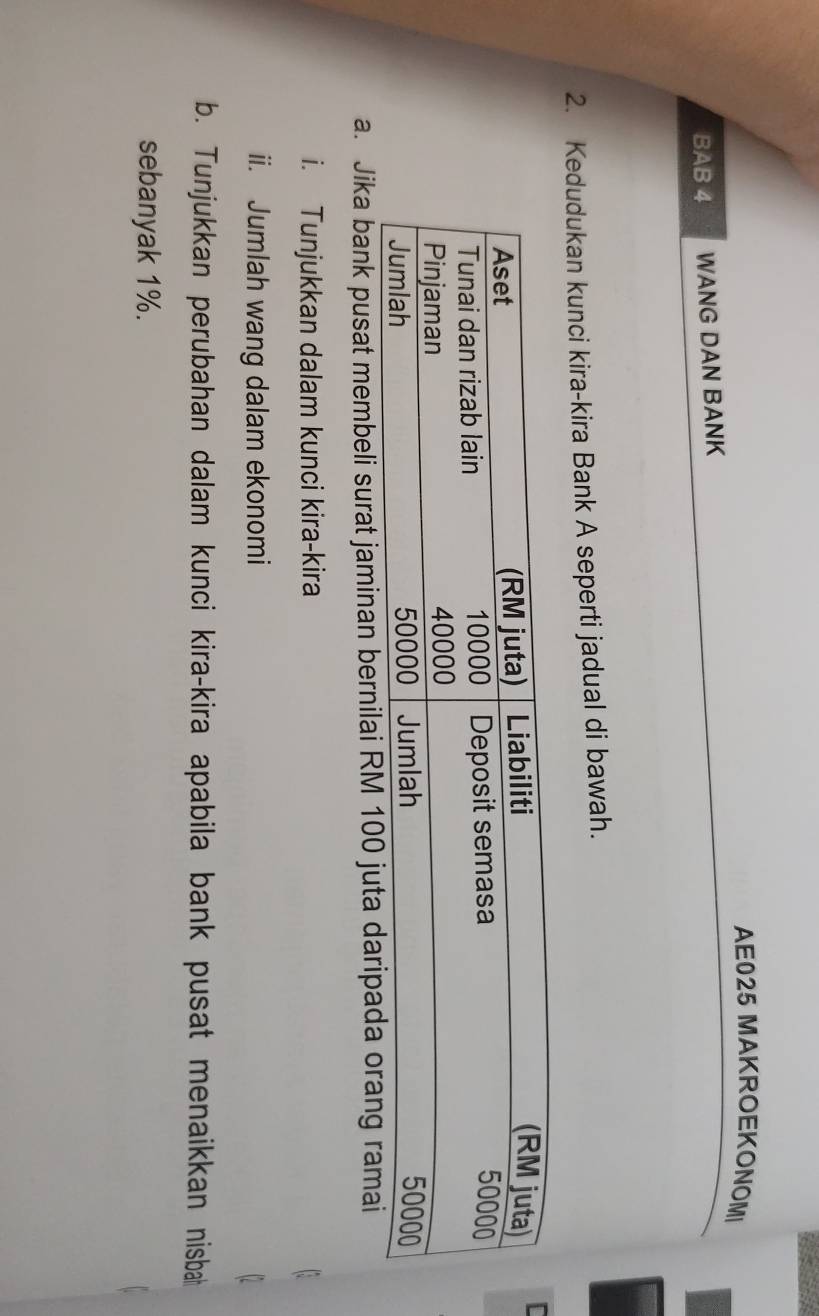 AE025 MAKROEKONOMI 
BAB 4 WANG DAN BANK 
2. Kedudukan kunci kira-kira Bank A seperti jadual di bawah. 
I 
a. Jika bank pusat membeli surat jaminan bernilai RM 100 juta daripada orang ramai 
i. Tunjukkan dalam kunci kira-kira 
ii. Jumlah wang dalam ekonomi 
b. Tunjukkan perubahan dalam kunci kira-kira apabila bank pusat menaikkan nisbah 
sebanyak 1%.