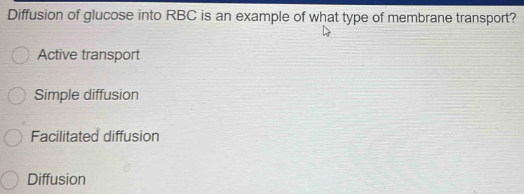 Solved: Diffusion of glucose into RBC is an example of what type of ...