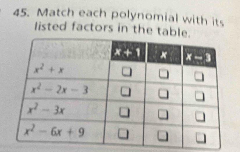 Match each polynomial with its
listed factors in the table.