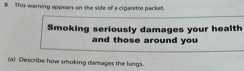 This warning appears on the side of a cigarette packet. 
Smoking seriously damages your health 
and those around you 
(a) Describe how smoking damages the lungs.