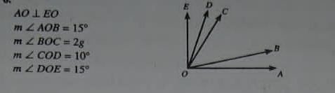 AO⊥ EO
m∠ AOB=15°
m∠ BOC=2g
m∠ COD=10°
m∠ DOE=15°