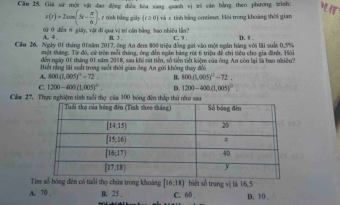 Giả sử một vật dao động điều hòa xung quanh vị trí cân bằng theo phương trình: ur
x(t)=2cos (5t- π /6 ) , t tính bằng giây (t≥ 0) và x tính bằng centimet. Hỏi trong khoảng thời gian
từ 0 đến 6 giây, vật đi qua vị trí cân bằng bao nhiêu lần?
A. 4 . B. 3 . C. 9 . D. 8 .
Câu 26. Ngày 01 tháng 01năm 2017, ông An đem 800 triệu đồng gửi vào một ngân hàng với lãi suất 0,5%
tmột tháng. Từ đó, cứ tròn mỗi tháng, ông đến ngân hàng rút 6 triệu để chi tiêu cho gia đình. Hỏi
đến ngày 01 tháng 01 năm 2018, sau khi rút tiền, số tiền tiết kiệm của ông An còn lại là bao nhiêu?
Biết rằng lãi suất trong suốt thời gian ông An gửi không thay đổi
A. 800.(1,005)^11-72. B. 800.(1,005)^12-72.
C. 1200-400.(1,005)^11. D. 1200-400.(1,005)^12.
Câu 27. Thực nghiệm tính tuổi thọ của 100 bóng đèn thắp thử như sau
Tìm số bóng đèn có tuổi thọ chứa trong khoảng [16;18) biết số trung vị là 16,5
A. 70 . B. 25 . C. 60 . D. 10 .