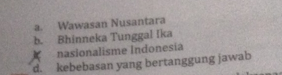 a. Wawasan Nusantara
b. Bhinneka Tunggal Ika
nasionalisme Indonesía
d. kebebasan yang bertanggung jawab