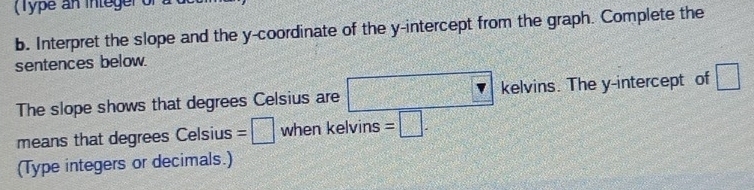 (Type an integer of 
b. Interpret the slope and the y-coordinate of the y-intercept from the graph. Complete the 
sentences below. 
The slope shows that degrees Celsius are □ kelvins. The y-intercept of □
means that degrees Celsius =□ when kelvins =□. 
(Type integers or decimals.)