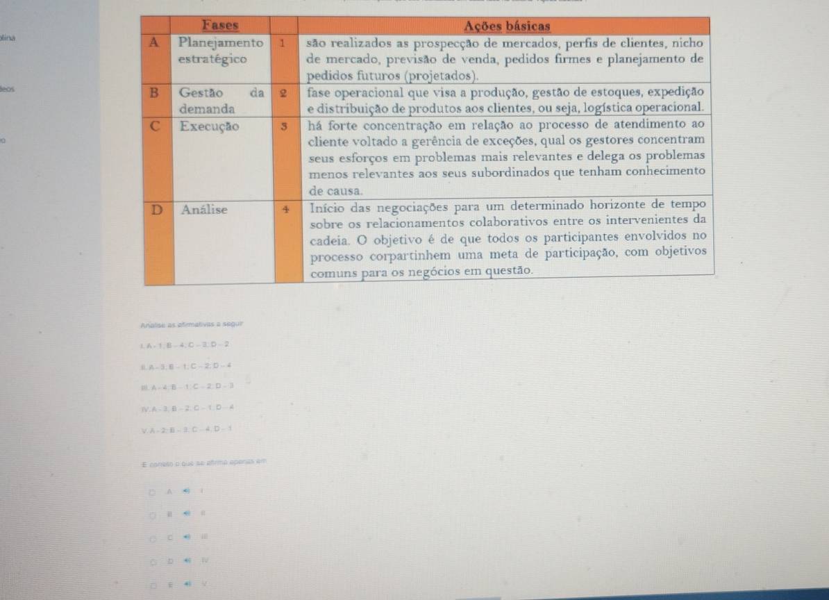 olina 
∞∞ 
Analise as atimativas a seguir 
L A=1, B-4; C-3; D-2
A-5:B-t:C-2 : D=4
m A=4; B-1; C-2; D-3
A-3; B-2; C-1; D-4
A=2; B-2; C-4; D-1
E coneso o que se afrma apenas em
EI-40^-
C 41in
DC44=14
_ 4