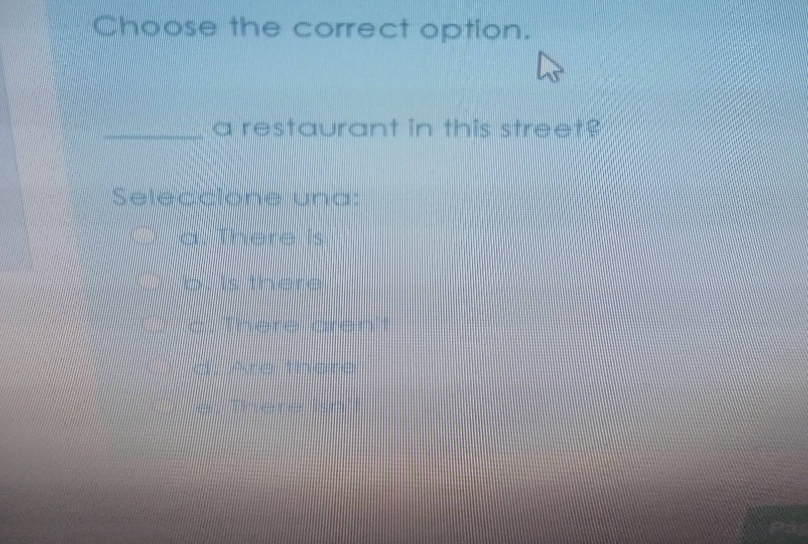 Choose the correct option.
_a restaurant in this street?
Seleccione una:
a. There is
is there
chère aren't
d. Are there
e There isn't