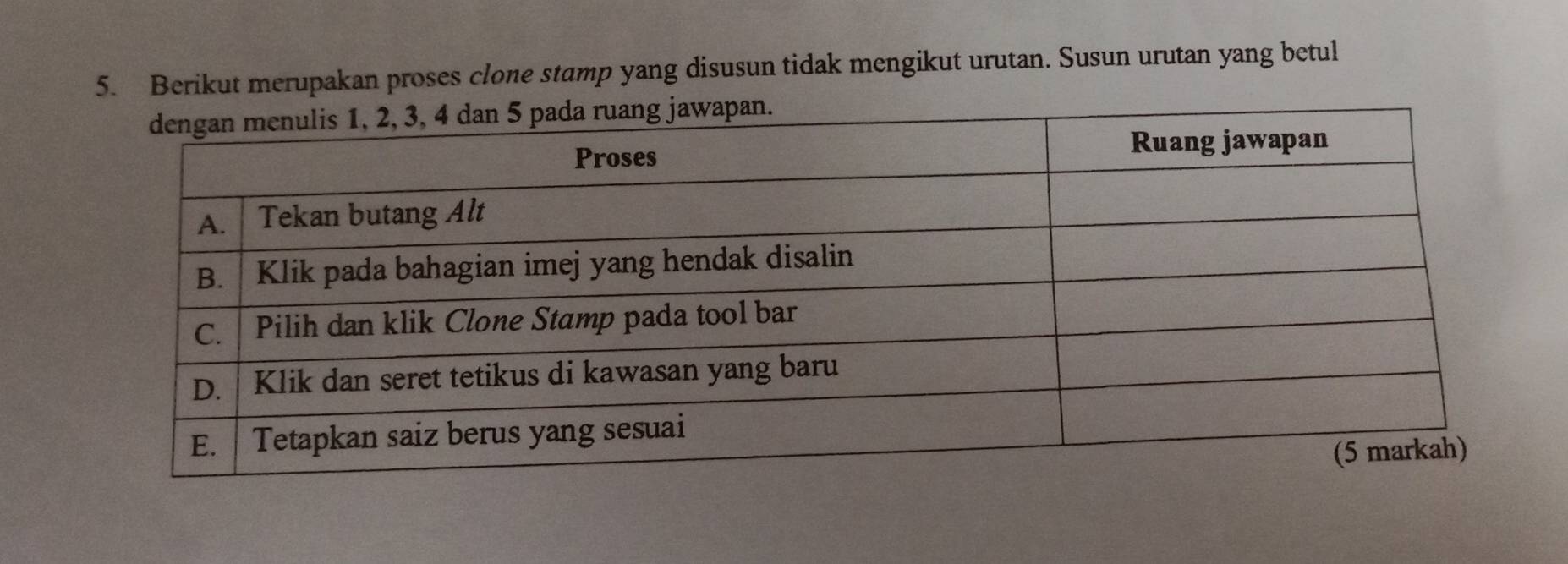 Berikut merupakan proses clone stamp yang disusun tidak mengikut urutan. Susun urutan yang betul