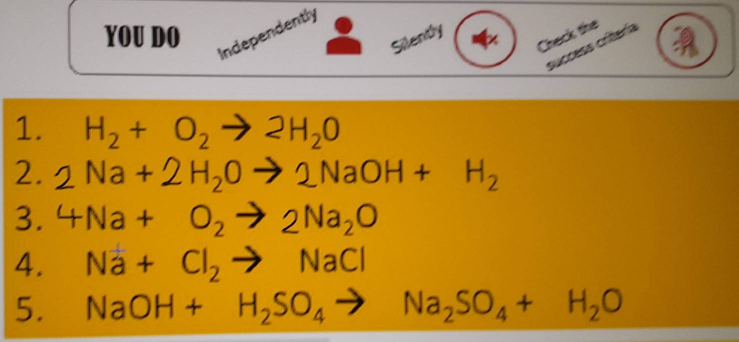 YOU DO 
Independently 
Silenty 
Check the 
success critería 
1. H_2+O_2to 2H_2O
2. 2Na+2H_2Oto 2NaOH+H_2
3. 4Na+O_2to 2Na_2O
4. Na+Cl_2to NaCl
5. NaOH+H_2SO_4to Na_2SO_4+H_2O