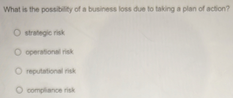 What is the possibility of a business loss due to taking a plan of action?
strategic risk
operational risk
reputational risk
compliance risk