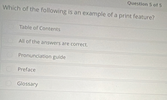 Solved: Which of the following is an example of a print feature? Table ...