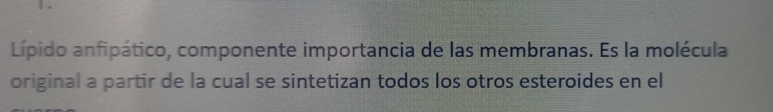 Lípido anfipático, componente importancia de las membranas. Es la molécula 
original a partir de la cual se sintetizan todos los otros esteroides en el