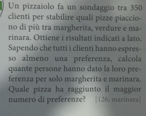 Un pizzaiolo fa un sondaggio tra 350
clienti per stabilire quali pizze piaccio- 
no di più tra margherita, verdure e ma- 
rinara. Ottiene i risultati indicati a lato. 
Sapendo che tutti i clienti hanno espres- 
so almeno una preferenza, calcola 
quante persone hanno dato la loro pre- 
ferenza per solo margherita e marinara. 
Quale pizza ha raggiunto il maggior 
numero di preferenze? ?[ 126; marinara]