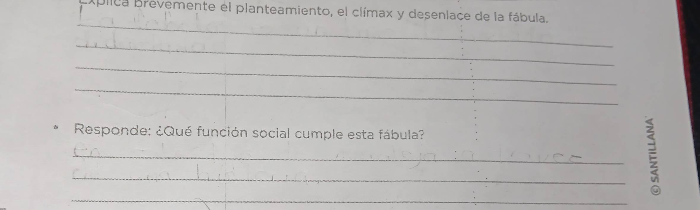 Xplica brevemente el planteamiento, el clímax y desenlace de la fábula. 
_ 
_ 
_ 
_ 
Responde: ¿Qué función social cumple esta fábula? 
_ξ_ 
_