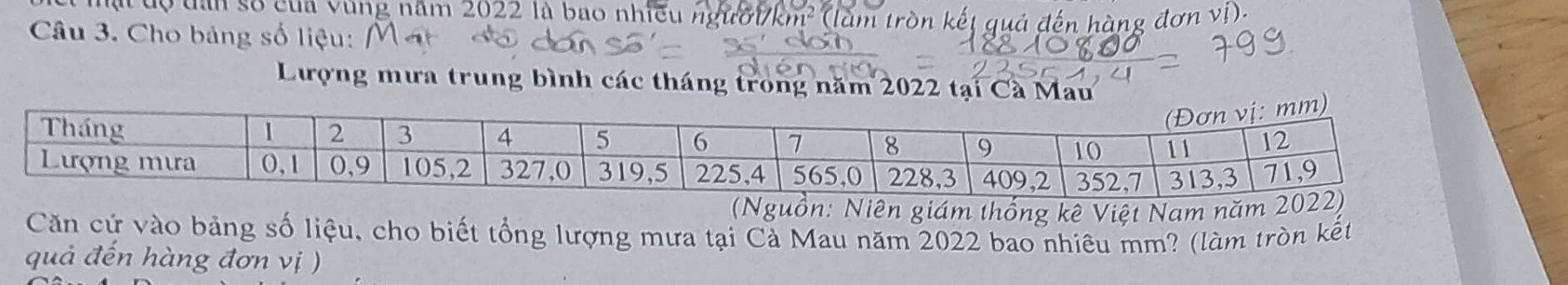 so của vùng năm 2022 là bao nhiều người/km² (làm tròn kết quả đến hàng đơn vị). 
Câu 3. Cho bảng số liệu: 
Lượng mưa trung bình các tháng trong năm 2022 tại Cà Mau 
uồn: Niên giám thống kê Việt Nam năm 
Căn cử vào bảng số liệu, cho biết tổng lượng mưa tại Cà Mau năm 2022 bao nhiêu mm? (làm tròn kết 
quả đến hàng đơn vị )