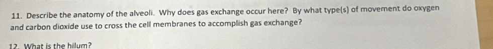 Describe the anatomy of the alveoli. Why does gas exchange occur here? By what type(s) of movement do oxygen 
and carbon dioxide use to cross the cell membranes to accomplish gas exchange? 
12. What is the hilum?