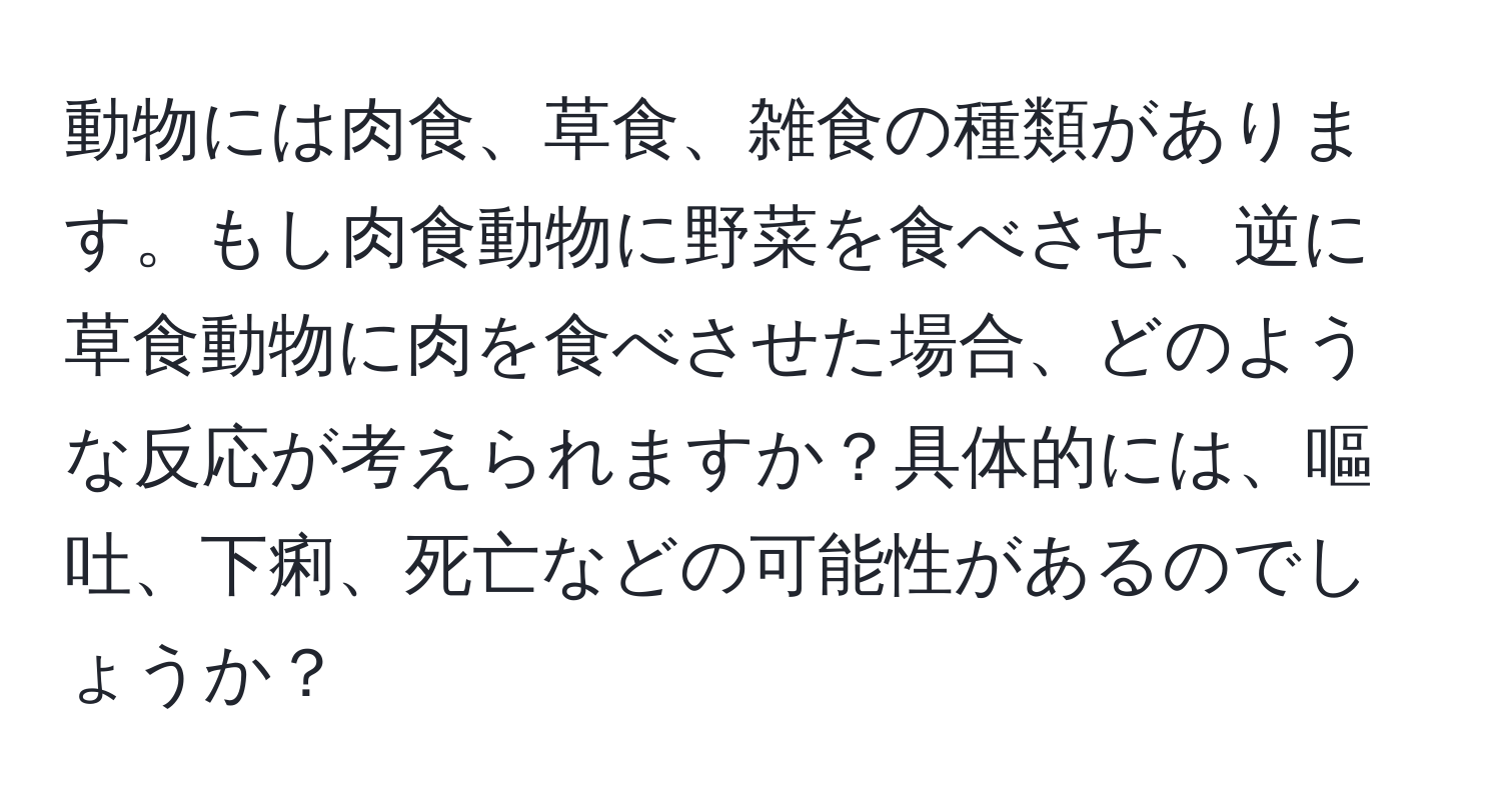 動物には肉食、草食、雑食の種類があります。もし肉食動物に野菜を食べさせ、逆に草食動物に肉を食べさせた場合、どのような反応が考えられますか？具体的には、嘔吐、下痢、死亡などの可能性があるのでしょうか？