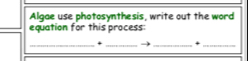 Algae use photosynthesis, write out the word 
equation for this process: 
_ 
+ __+_