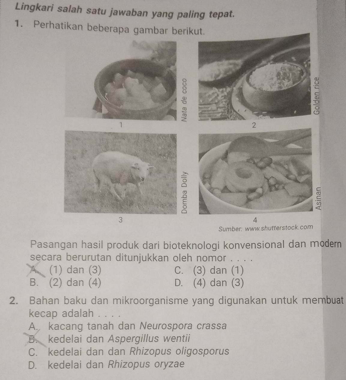 Lingkari salah satu jawaban yang paling tepat.
1. Perhatikan beberapa gambar berikut.
⊆
3
4
Sumber: www.shutterstock.com
Pasangan hasil produk dari bioteknologi konvensional dan modern
secara berurutan ditunjukkan oleh nomor . . . .
(1) dan (3) C. (3) dan (1)
B. (2) dan (4) D. (4) dan (3)
2. Bahan baku dan mikroorganisme yang digunakan untuk membuat
kecap adalah . . . .
A. kacang tanah dan Neurospora crassa
B. kedelai dan Aspergillus wentii
C. kedelai dan dan Rhizopus oligosporus
D. kedelai dan Rhizopus oryzae