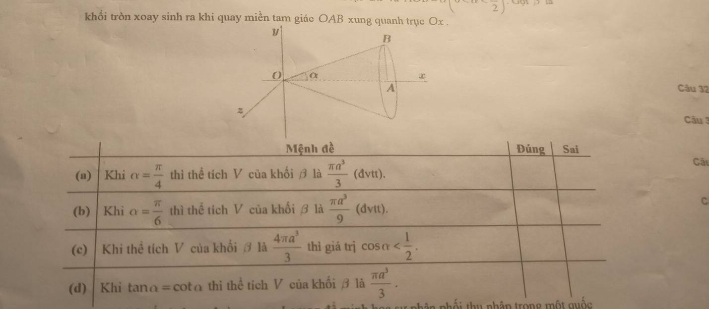 khối tròn xoay sinh ra khi quay miền tam giác OAB xung quanh trục Ox.
Câu 32
Câu 3
Mệnh đề Đúng Sai
Cải
(a) Khi alpha = π /4  thì thể tích V của khốiβ là  π a^3/3  (đvtt).
(b) Khì alpha = π /6  thì thể tích V của khối β là  π a^3/9  (đvtt).
C
(c) Khi thề tích V của khổi ớ là  4π a^3/3  thì giá trj cos alpha .
(d) | Khì tanα= cotα thì thể tích V của khối β là  π a^3/3 . 
hố i thu nhân trong một quốc