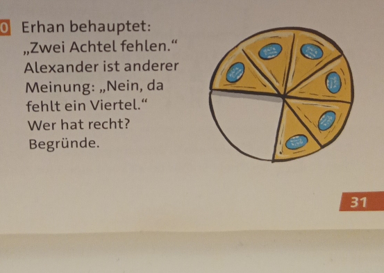 Erhan behauptet: 
„,Zwei Achtel fehlen.“ 
Alexander ist anderer 
Meinung: „Nein, da 
fehlt ein Viertel.“ 
Wer hat recht? 
Begründe. 
31