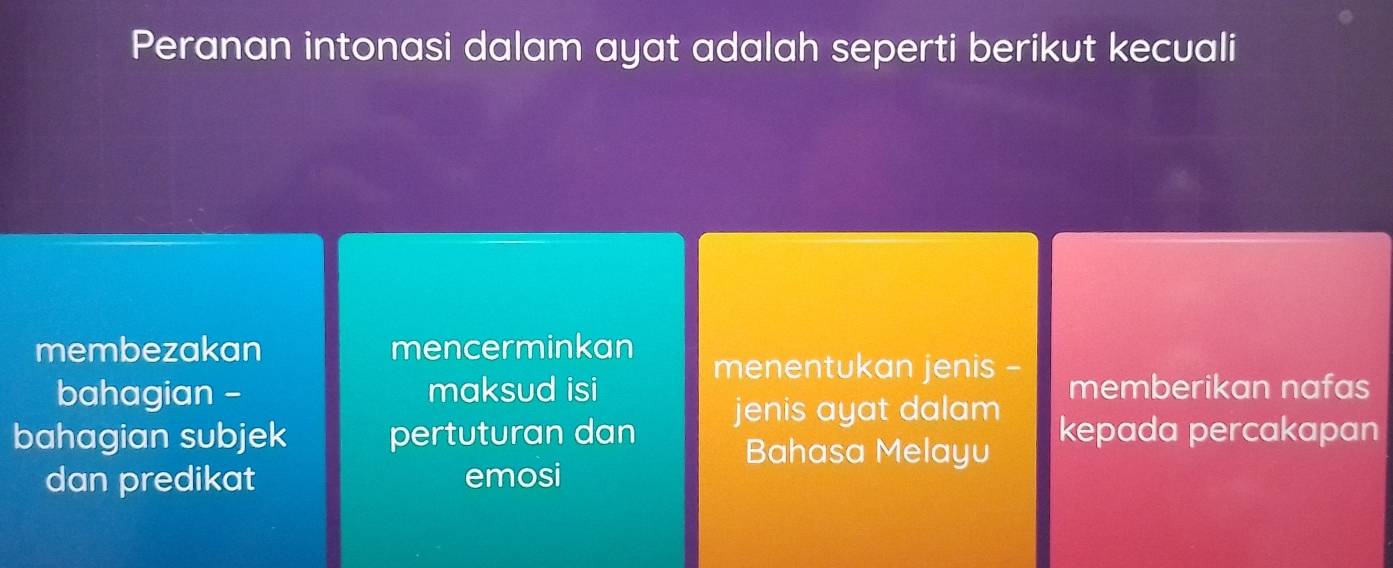 Peranan intonasi dalam ayat adalah seperti berikut kecuali
membezakan mencerminkan
menentukan jenis -
bahagian - maksud isi memberikan nafas
jenis ayat dalam
bahagian subjek pertuturan dan kepada percakapan
Bahasa Melayu
dan predikat emosi