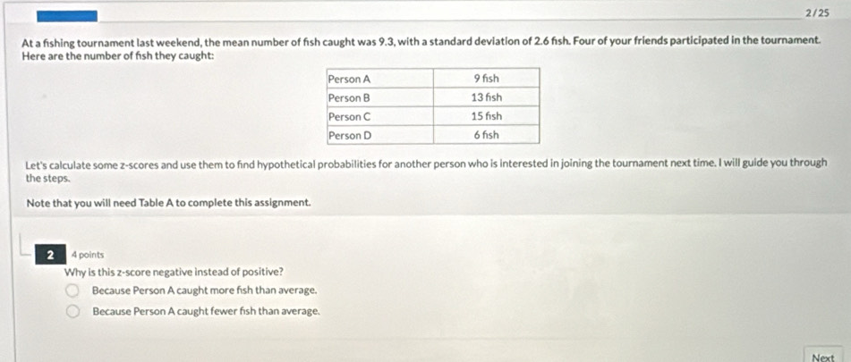 2/ 25
At a fishing tournament last weekend, the mean number of fish caught was 9.3, with a standard deviation of 2.6 fısh. Four of your friends participated in the tournament.
Here are the number of fish they caught:
Let's calculate some z-scores and use them to find hypothetical probabilities for another person who is interested in joining the tournament next time. I will guide you through
the steps.
Note that you will need Table A to complete this assignment.
2 4 points
Why is this z-score negative instead of positive?
Because Person A caught more fish than average.
Because Person A caught fewer fish than average.
Next