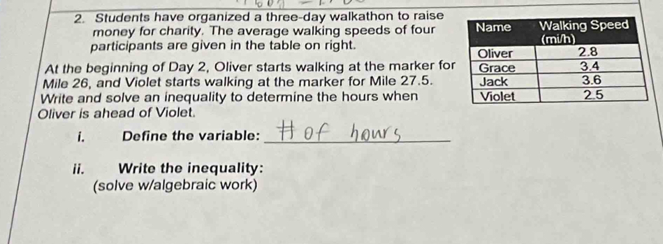 Students have organized a three-day walkathon to raise 
money for charity. The average walking speeds of four 
participants are given in the table on right. 
At the beginning of Day 2, Oliver starts walking at the marker for
Mile 26, and Violet starts walking at the marker for Mile 27.5. 
Write and solve an inequality to determine the hours when 
Oliver is ahead of Violet. 
i. Define the variable:_ 
ii. Write the inequality: 
(solve w/algebraic work)