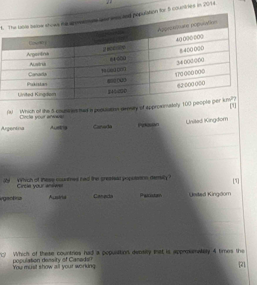 or 5 countries in 2014
[1]
(a) Which of the 5 counties had a penulation density of approximat
Circle your an wa
Argentina Austrie Canada Pakisian Uniled Kingdom
(b)  Which of these countnes had the grealear population density?
Circle your an wer [1]
rgenlina Austra Canada Pakistan United Kingdom
(c) Which of these countries had a populstion depsity that is approximately 4 times the
population density of Canada?
You must show all your working [2]