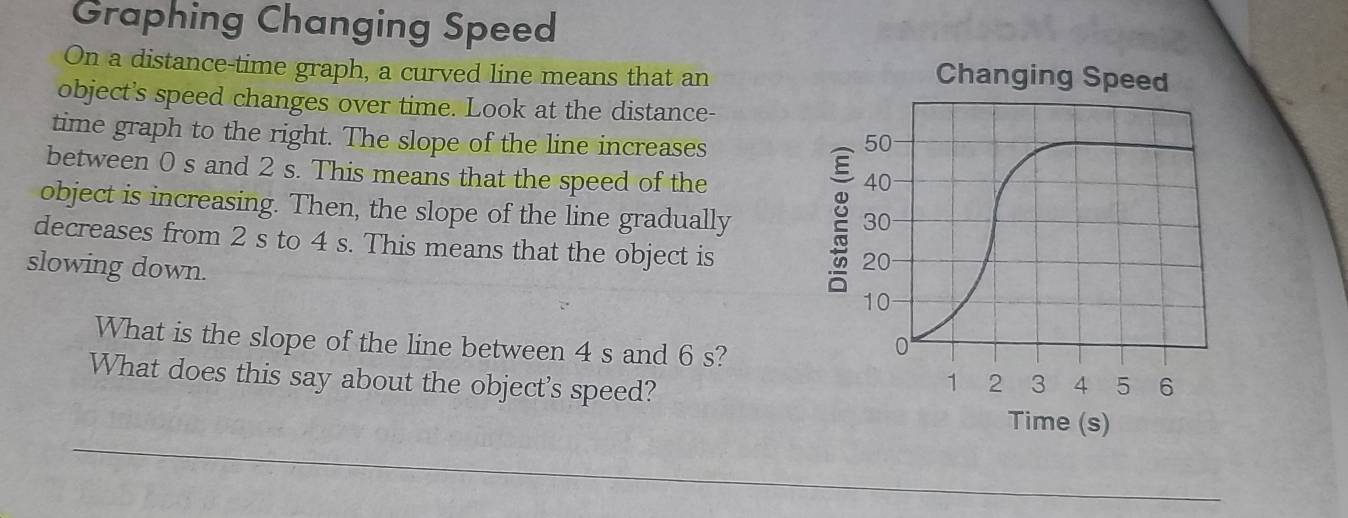 Graphing Changing Speed 
On a distance-time graph, a curved line means that an 
object's speed changes over time. Look at the distance- 
time graph to the right. The slope of the line increases 
between 0 s and 2 s. This means that the speed of the 
object is increasing. Then, the slope of the line gradually 
decreases from 2 s to 4 s. This means that the object is 
slowing down. 
What is the slope of the line between 4 s and 6 s? 
What does this say about the object's speed?