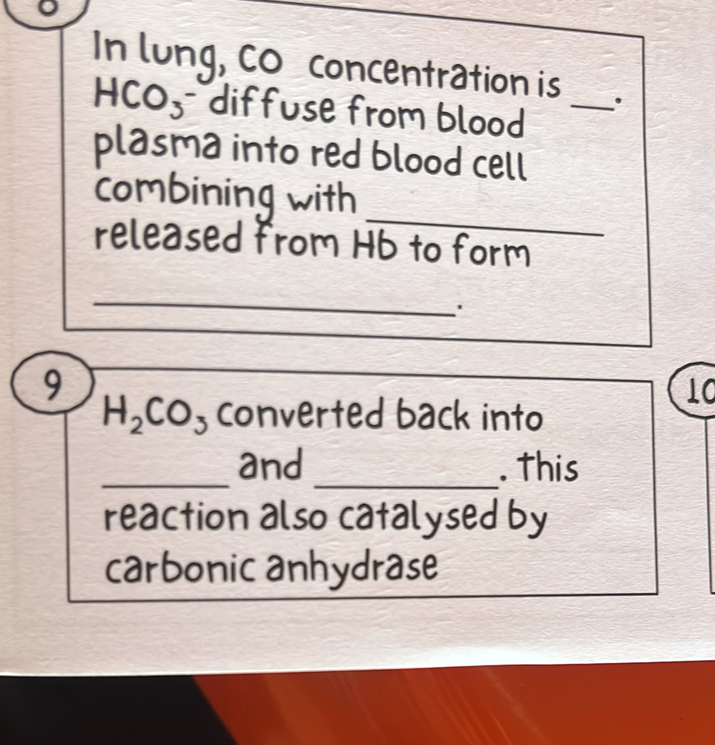 In lung, co concentration is _.
HCO_3- diffuse from blood 
plasma into red blood cell 
_ 
combining with 
released from Hb to form 
_ 
' 
9
10
H_2CO_3 Converted back into
J_3
_ 
_and . this 
reaction also catalysed by 
carbonic anhydrase