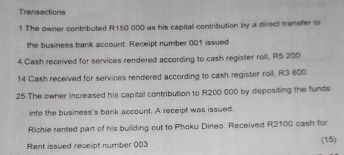 Solved: Transactions 1 The owner contributed R150 000 as his capital ...