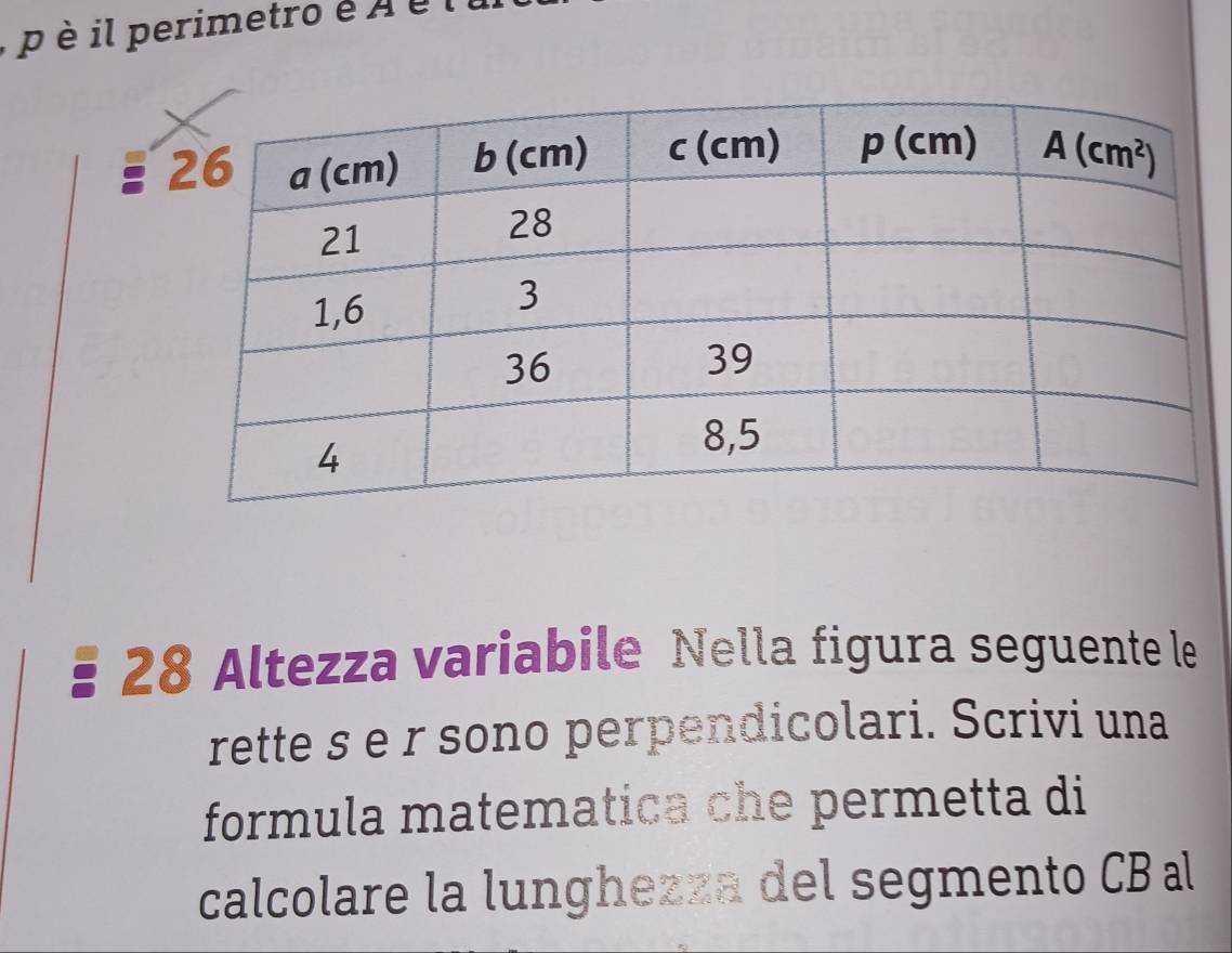 è il perimetro é À é
28 Altezza variabile Nella figura seguente le
rette s e r sono perpendicolari. Scrivi una
formula matematica che permetta di
calcolare la lunghezza del segmento CB al